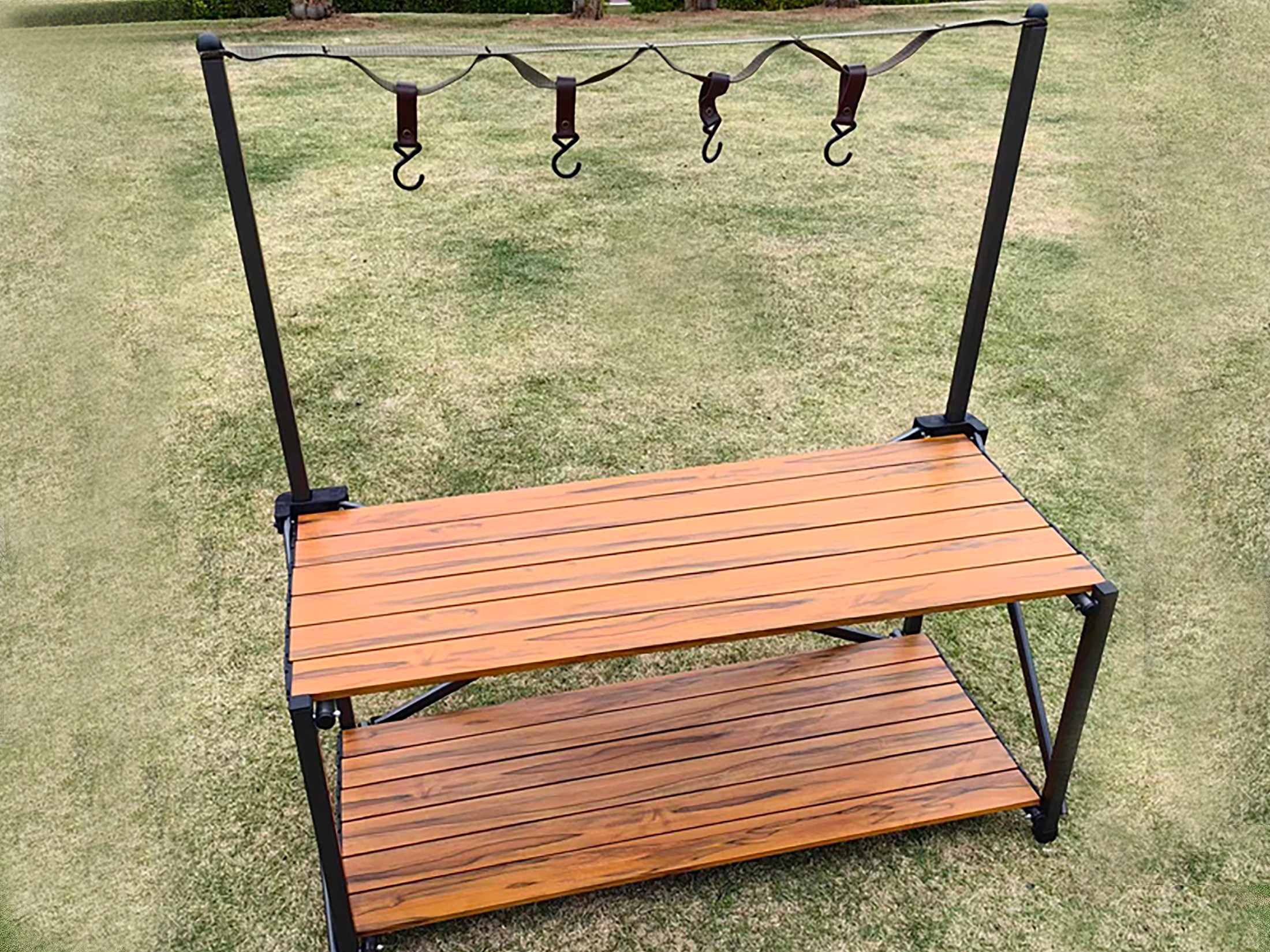 Outdoor BBQ Double-Layer Folding Storage Rack with Grill Hooks
