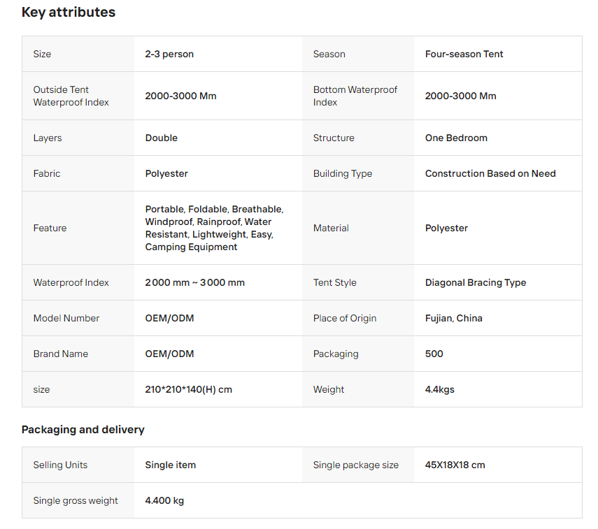 Hiking Backpack Lightweight Four-Season One Bedroom Dome Tent for 2-3 Person Waterproof