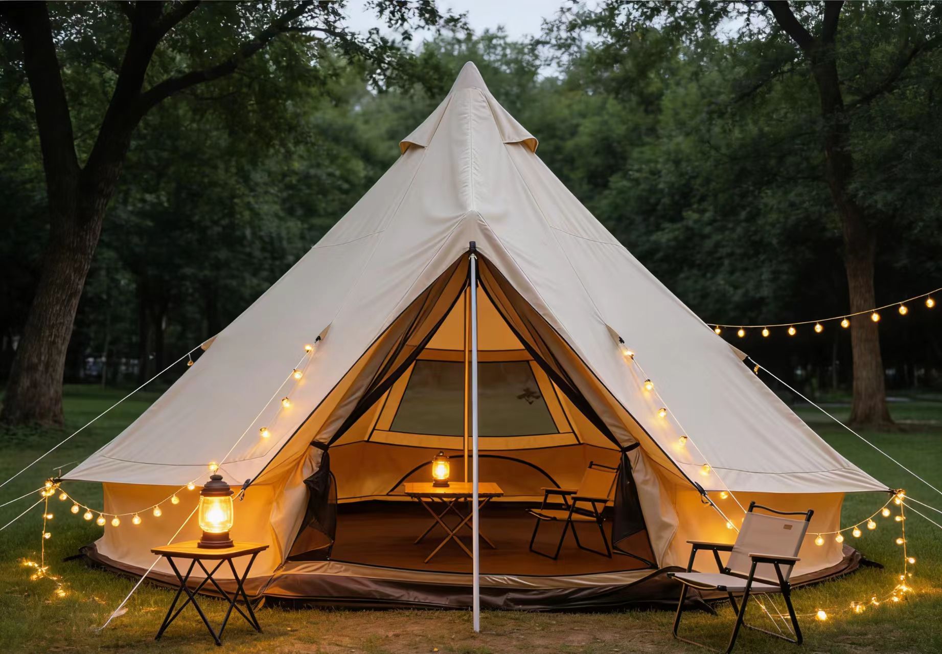 Big Family 6-8 Person Four-Season Steel Frame Hexagon Glamping Yurt with >3000mm Waterproof Canvas